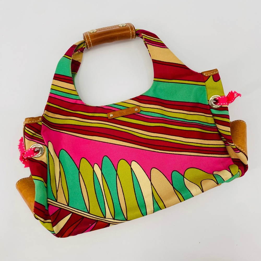 Vintage Kate Spade Handbag‎ Multicolor Abstract Floral Canvas Leather Trim Hobo